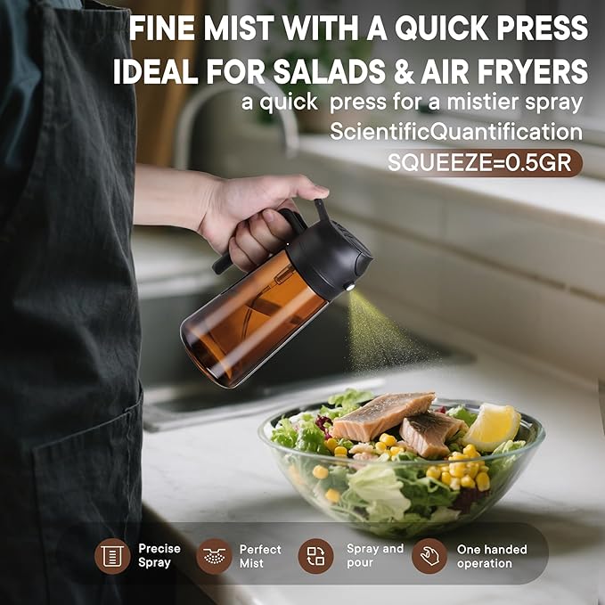 Oliver Oil Sprayer Dispenser for Cooking Bottle 16oz Dark Glass Black | 2-in-1 Lightproof Borosilicate Glass Oil Bottle, Wide Mouth for Easy Refill Clean