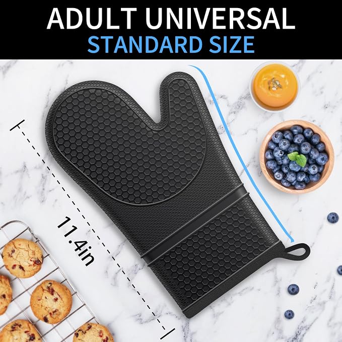 Silicone Oven Mitts, Heat Resistant, Soft Non-Slip Oven Gloves with Cotton Lining Kitchen Essentials for Baking, Cooking, BBQ, Apartment Essentials, 11.5 Inch Black