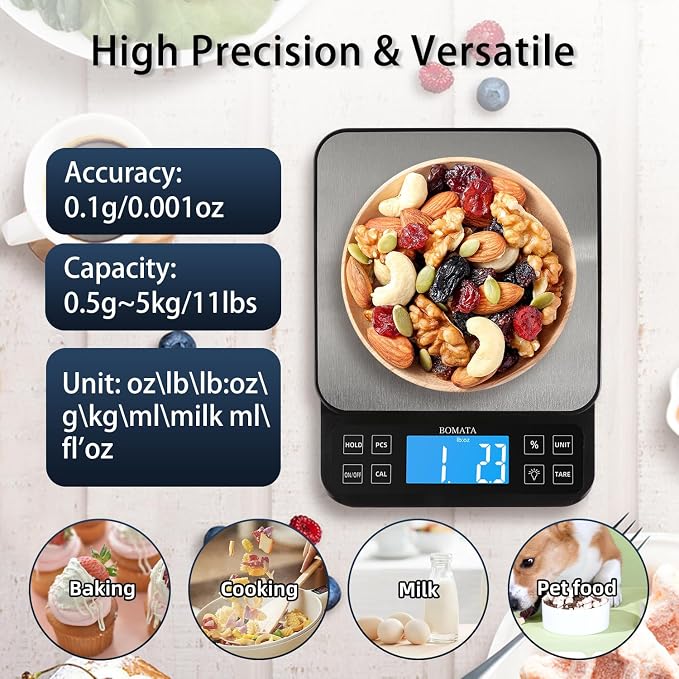 BOMATA Large Kitchen Scale 0.1g/0.001oz High Precision, 11lb Bakery Scale | % Percentage Function, USB Rechargeable, Full-View Angle LCD with Backlight, Stainless Steel Pan