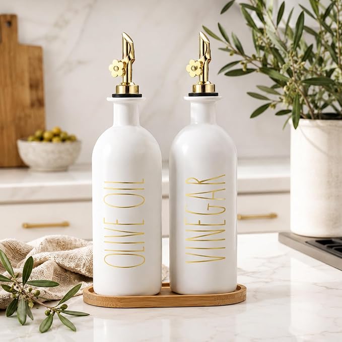 HOMCDALY 16oz Olive Oil Dispenser Bottles for Kitchen, Gold Oil&Vinegar Dispenser Set, Glass Oil Dispenser for Kitchen with Bamboo Tray | Set of 2 (16oz-P-Gold)