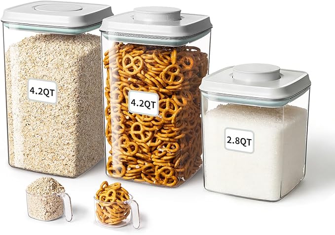 Food Storage Container Sets, 2.8 Qt + 4.2 Qt *2 Airtight Canisters with Lids and 130ml Scoop, BPA-Free Plastic Pantry Containers for Flour, Sugar, Rice