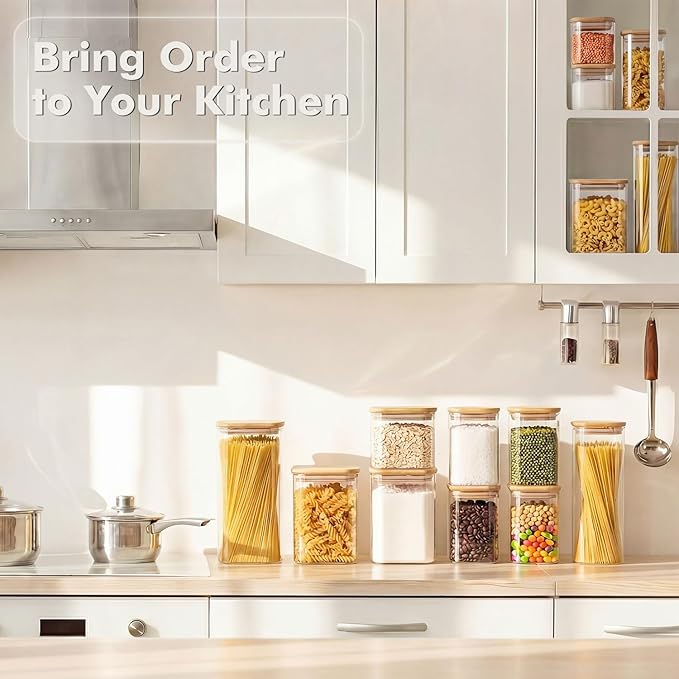 6-Pack 1.2Qt Square Glass Storage Jars with Bamboo Lids | Minimalist Kitchen Organizer,Pantry Storage Container,Food Storage Container,Scandinavian Style Storage,Nordic Style Storage