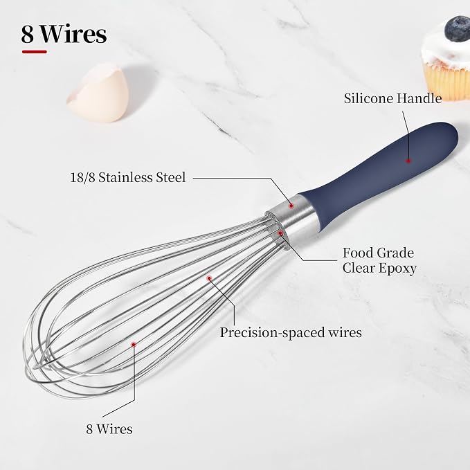 18/8 Stainless Steel Cooking Balloon Whisk (Medium, Midnight Blue) | Heavy Duty Metal Kitchen Wire Whisker Wisking Tool Egg Beater Hand Mixer for Mixing Baking Beating Stirring Sauce Flour