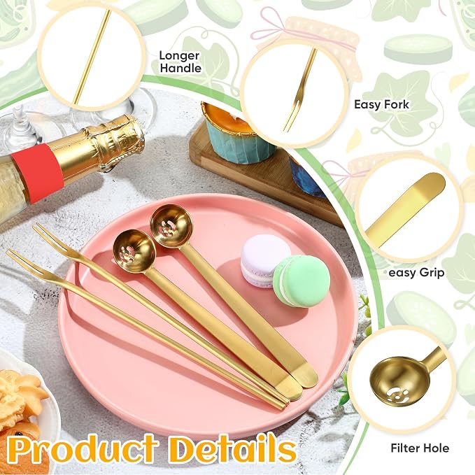 Didaey 4 Pcs Pickle Fork and Olive Spoon Strainer Set Stainless Steel Long Handle Pick Jar Serving Spoon with Drain Hole Prong for Onion Cucumber Arugula(Stylish Style)