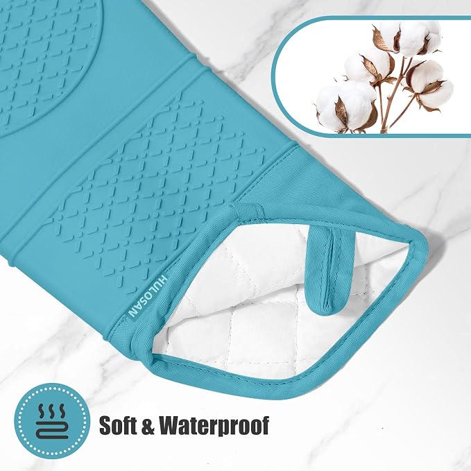 Oven Mitt and Pot Holders Sets, Quilted Cotton Terry Cloth,Non-Slip Pot Holder, Silicone Oven Mitt Heat Resistant, Oven Mittens 7.3"x14.2", Hot Pad 7"x10" & Dish Cloths 13"x25"