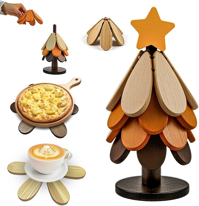 Wooden Trivets for Hot Dishes, Wooden Trivet Tree Set, Natural Tree Trivet Set - Foldable Wood Coasters for Hot Pots Pans Bowls Teapots Cups, Kitchen Countertop Decor & Housewarming Gifts