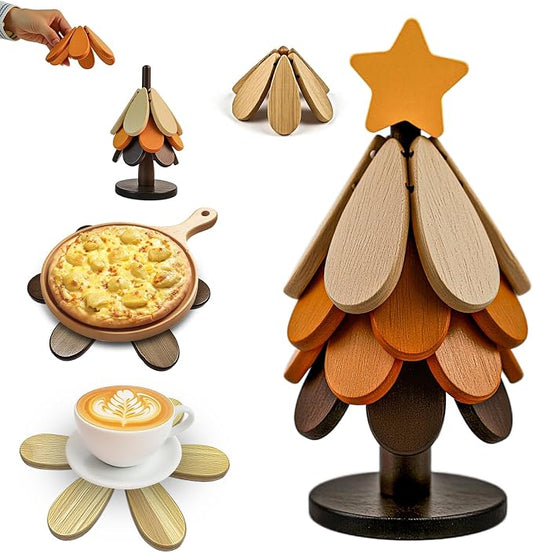 Wooden Trivets for Hot Dishes, Wooden Trivet Tree Set, Natural Tree Trivet Set - Foldable Wood Coasters for Hot Pots Pans Bowls Teapots Cups, Kitchen Countertop Decor & Housewarming Gifts