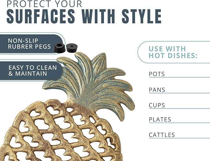Comfify Cast Iron Pineapple Trivet – 5.9"×9" – Rubber Pegs Included | Gold; cast iron; 5.9"L x 9"W x 0.59" thick; rubber peg feet + spare set; tropical vintage; kitchen dining table