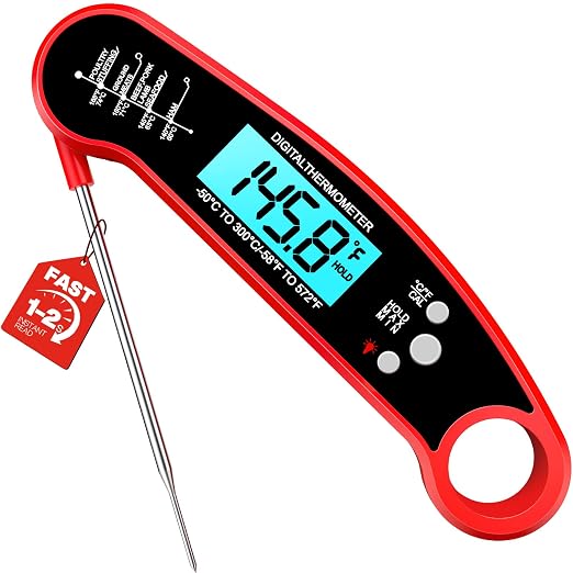 Meat Thermometer Digital – Instant Read Food Thermometer for Grilling, BBQ, Air Fryer, Smoker, Candy Making with Foldable Probe, Kitchen Gadgets, BBQ Essentials, Gift for Dad Men Husband Him, Red