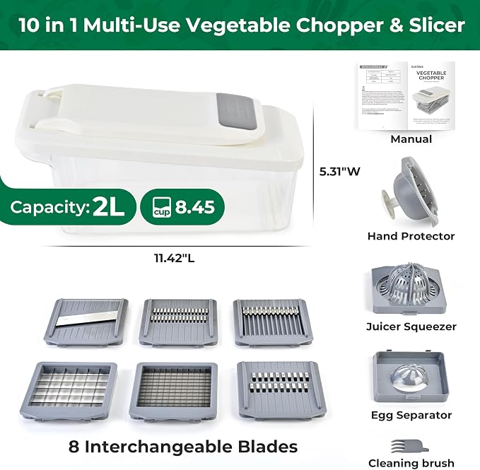 SUSTEAS Vegetable Chopper Mandoline Slicer,6 Blade Pro Food Chopper, Onion Potato Dicer, Veggie Cutter for Salad, Carrot, Cucumber Home Kitchen Gadgets Accessories Essentials(10 in 1, Grayish White)