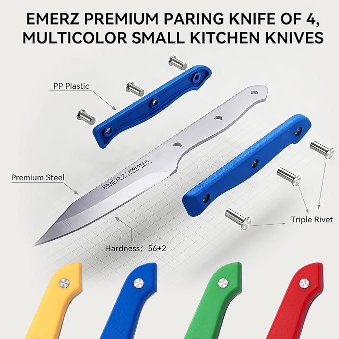 Paring Knife Set of 4, Stainless Steel Paring Knives,3.5inch,Ergonomic Plastic Triple Rivet Handle,Sharp Small Kitchen Knife for Peeling Coring Cutting,Colorful Parers for Fruit&Vegetable