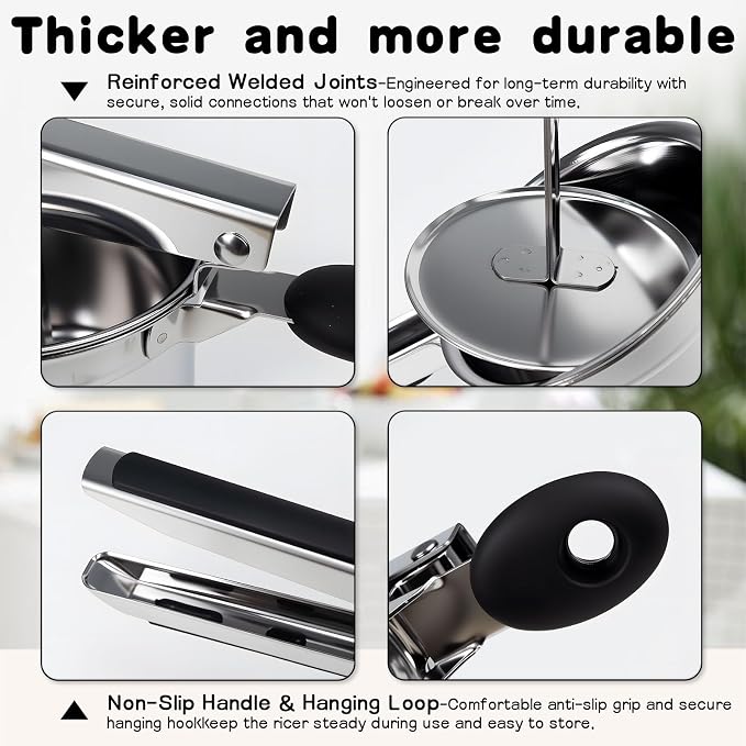 15oz Stainless Steel Potato Ricer - Heavy Duty Mashed Potato Ricer with Silicone Grip, Dishwasher Safe Professional Kitchen Tool for Perfect Mashed Potatoes & Purees