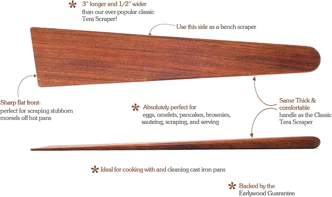 Earlywood 13 inch Handmade Wood Cooking Utensil for Kitchen, Multi-Purpose Scraper and Egg Turner, Cast Iron Scraper and Saute Spatula - Made in USA - Jatoba