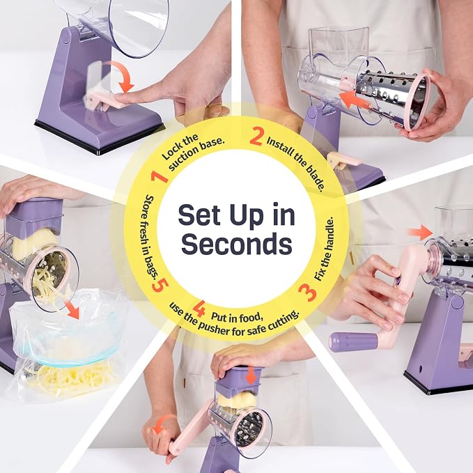 Upgraded Rotary Cheese Grater with 3 Interchangeable Stainless Steel Drums, One-Press Powerful Suction Manual Vegetable Shredder&Slicer for Kitchen, 15pcs Storage Bags Included, Pinkish Purple