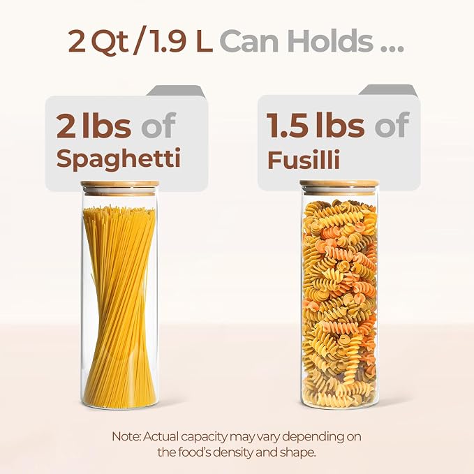 ComSaf Pasta Containers Storage 2 Qt, Spaghetti Container, 3 Pack Glass Jar | 11.3-inch Tall Glass Canisters, Glass Storage Containers wtih Lids 70oz, Noodles, Cereal, Kitchen Dry Food Storage, BPA Free