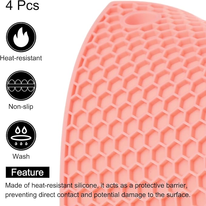 uxcell 4pcs Silicone Trivet Mats Heat Resistant Silicone Pot Holders for Hot Pots and Pans, Non-Slip Hot Pads for Kitchen Hot Dishes Table Countertops, Pink(Hexagonal)