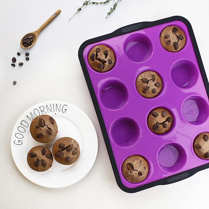 Aichoof Non-Stick Silicone Muffin Pan With Reinforced Stainless Steel Frame Inside,12 Cup Regular Muffin Baking Mold, 12 Cup Muffin Tin, BPA Free,Dishwasher Safe, Purple