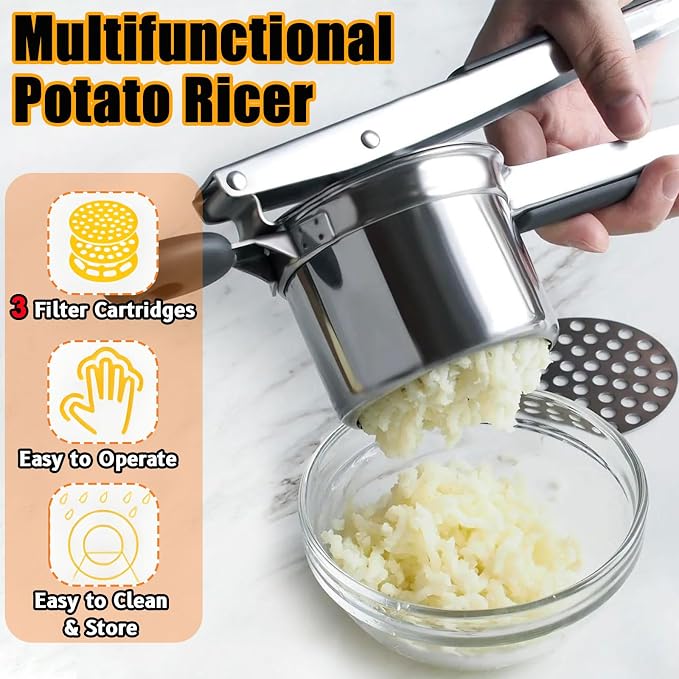 Stainless Steel Potato Ricer 15 oz with 3 Interchangeable Discs - Heavy - Duty and Durable Kitchen Tool for Effortless Mashing