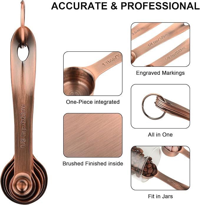 Copper Measuring Spoons Set, Stainless Steel Measuring Spoons Set 6, Metal Measuring Teaspoon & Tablespoon for Baking, Both Imperial & Metric Measuring Tools for Liquid & Dry
