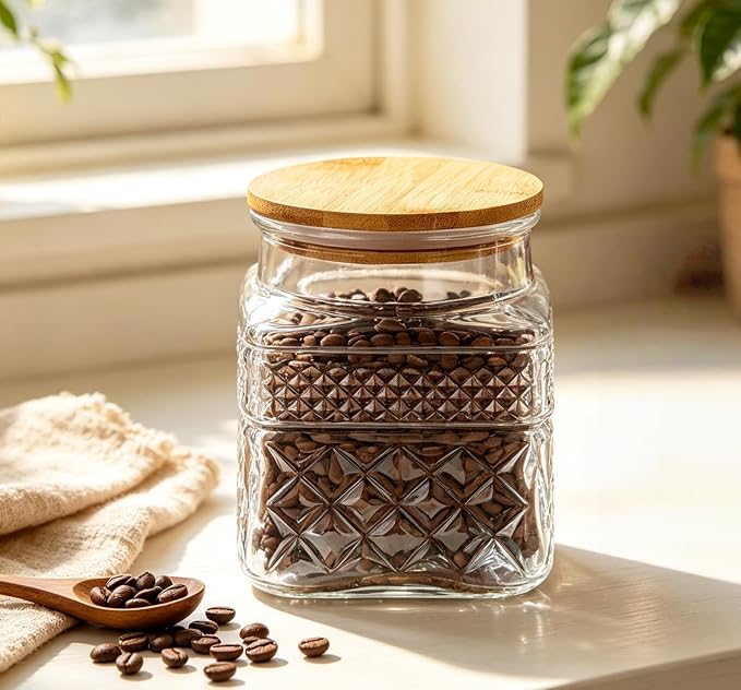 38 FL OZ Glass Storage Jar with Vintage Pattern and Airtight Lid,Square | Kitchen Pantry Coffee bar Canister for Coffee Sugar Cereal Nut Candy, Airtight Bamboo Lid, Thick Glass,Wide Mouth Opening