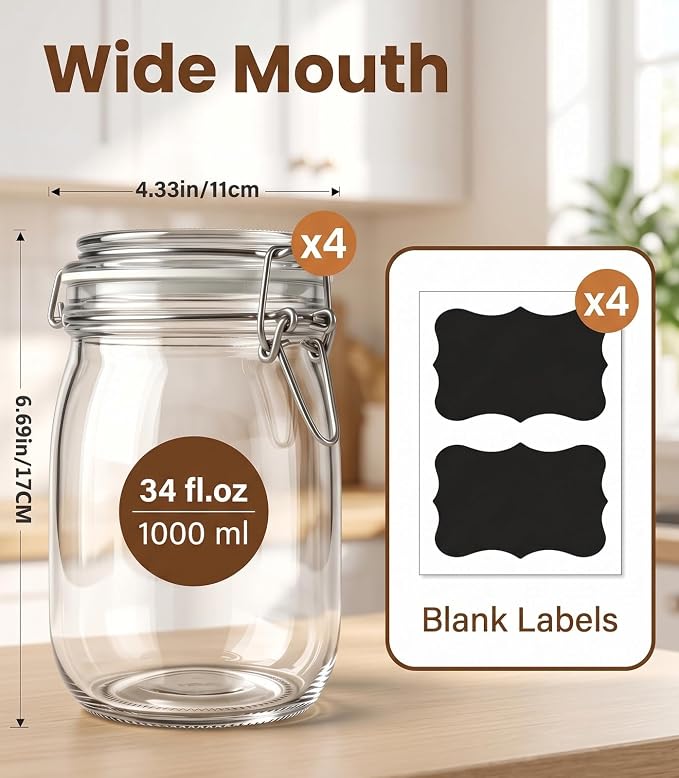 34 oz Glass Jars 4Pack with Airtight Lids,Wide Mouth Food Storage Canisters | Leakproof seal, moisture-proof pantry organization, heavy-duty borosilicate glass, ideal for flour, sugar, coffee, pasta