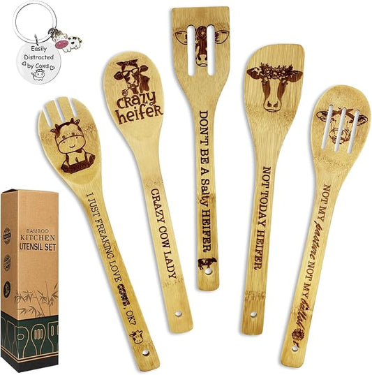 6PCS Cow Gifts for Women, Unique Cow Print Bamboo Spoons Set with Cute Keychain, Kitchen Gifts for Women Mom Sister Bestie