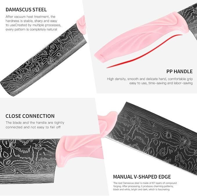 Damascus Knife Set 18Pcs Non Stick Sharp Kitchen Knives Set with Acrylic Block Cutlery Knives Block Set Chef Quality Best Gift Pink Handle
