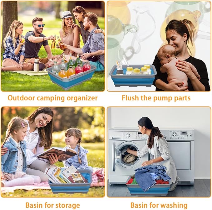 Goderewild Collapsible Dish Pans – 10L (2.6 Gal) Foldable Sink Tub, 14.5'' x 10.5'' x 5", Compact and Space-Saving Multiuse Foldable Basin for Dish Washing, Camping, RV and Vegetable Cleaning