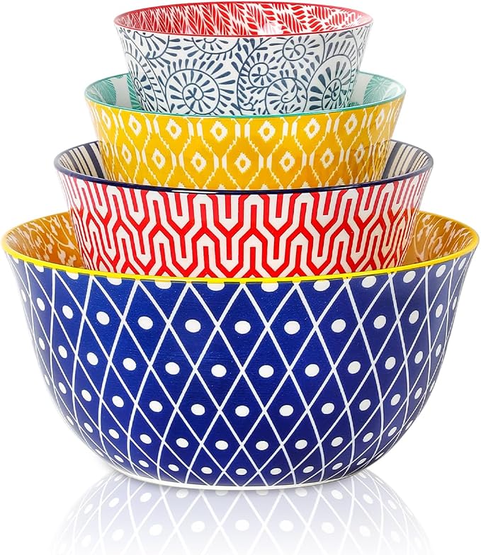 Selamica Ceramic Mixing Bowls, Nesting Bowls Set of 4 for Baking, Prepping, Cooking, Salad, 20/36/60/123 oz, Microwave & Dishwasher Safe, Assorted Colors