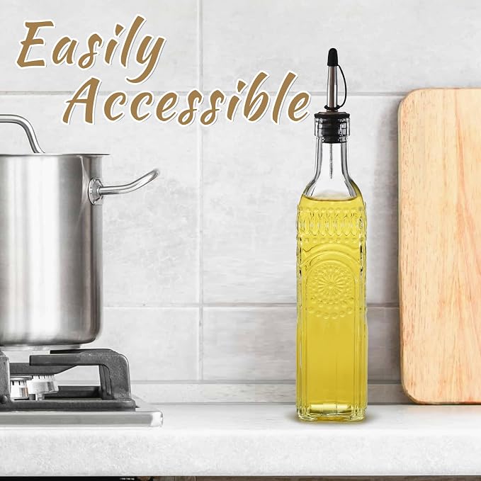 1-Pack Glass Oil Dispenser 500ML/17OZ, Vinegar Bottle with Stainless Steel Pourer, Brush, Funnel, Seal Cap (Sunflower)