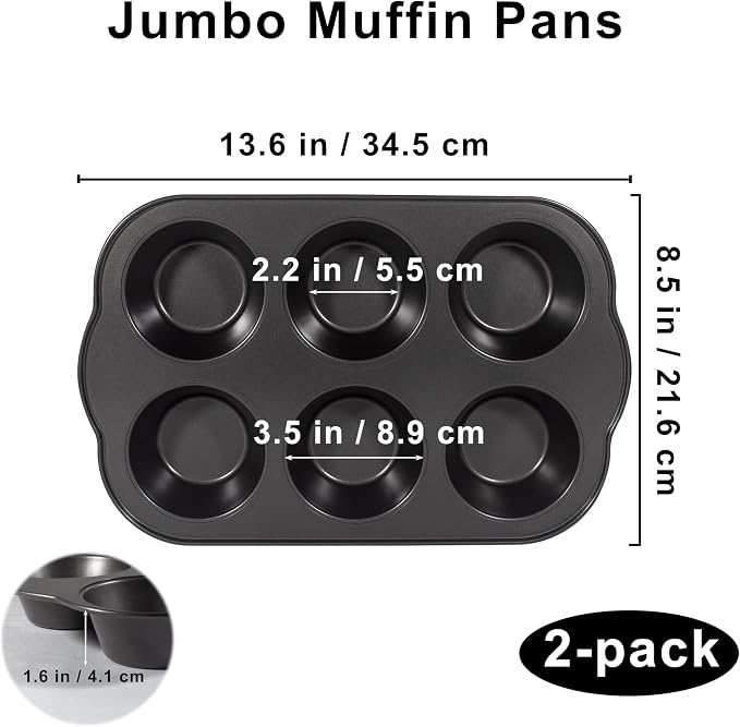 Non-Stick Jumbo 3.5" 6-Cup Muffin Pans, Set of 2(Black) | Carbon Steel, Long Handle for Large Muffin & Cupcakes