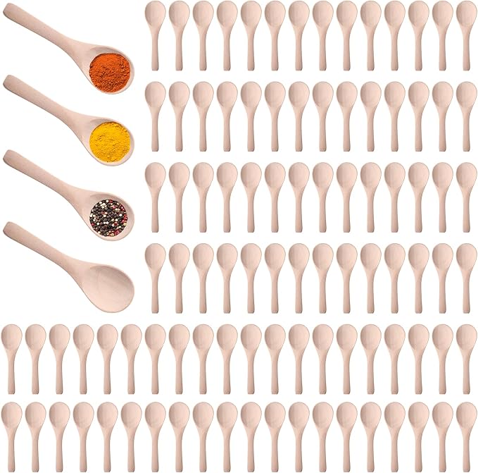 Boao 100 Pcs Small Wooden Spoons, 3.5'' L, Mini Wood Natural Tiny Spoons Wooden Little Teaspoons for Jars Sugar Creamer Honey Spices Salt Kitchen Supplies (Light Wood)
