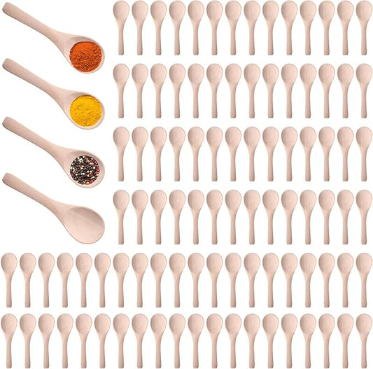 Boao 100 Pcs Small Wooden Spoons, 3.5'' L, Mini Wood Natural Tiny Spoons Wooden Little Teaspoons for Jars Sugar Creamer Honey Spices Salt Kitchen Supplies (Light Wood)