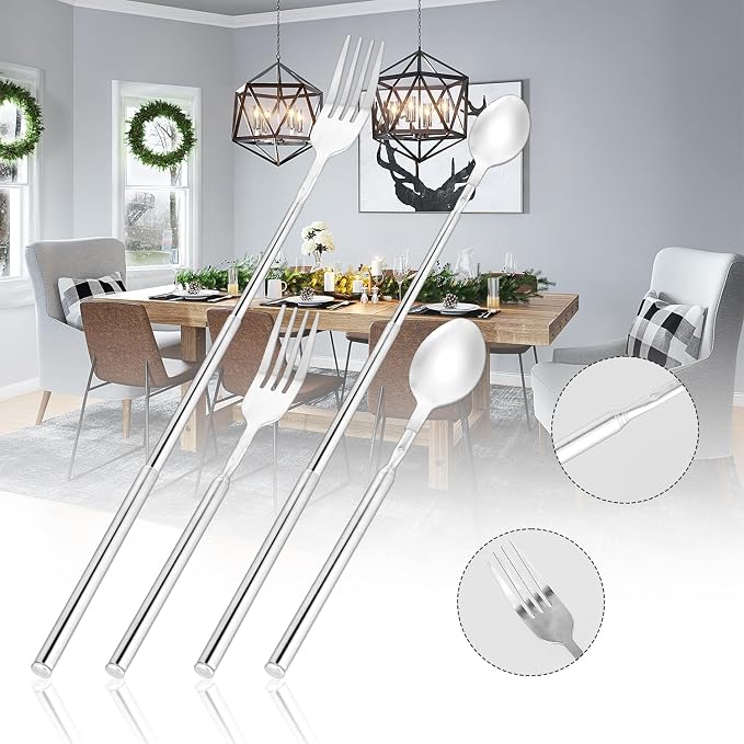 Telescopic Cooking Mixing Spoon Fork Set, Long Stainless Steel Retractable Fork and Spoon Set Extendable Dinner Fruit Dessert Fork Spoon Stretchable Cutlery for Barbecue Tableware(Spoon+Fork)