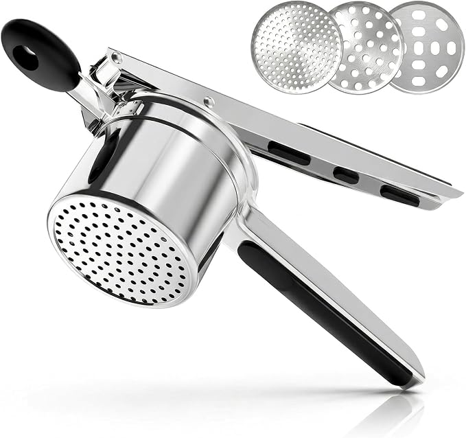 Potato Ricer Stainless Steel, Heavy Duty Ricer for Mashed Potatoes with 3 Discs, Potato Press with Ergonomic Non Slip Handles, Mashed Potato Masher for Vegetables, Fruit, Baby Food
