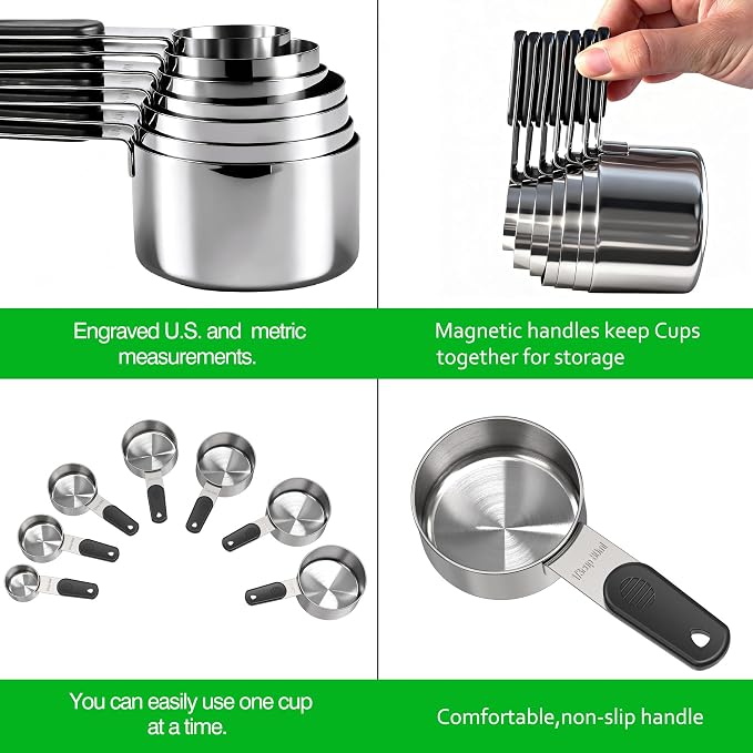 Magnetic Handles 7 Piece Stainless Steel Measuring Cups, Black, Kitchen Gadgets for Measure Liquid and Dry Ingredients, Cooking & Baking