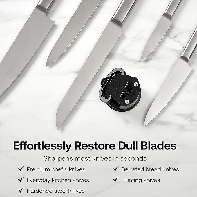 AnySharp – Global – Hands Free Knife Sharpener - Easy to Use Sharpening Tool with PowerGrip Suction Base and 20-Degree Pre-Set Angle - for All Knives: Chef's, Serrated, and Hardened Steel - Black