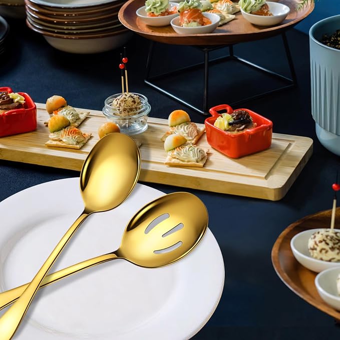 6 Pieces Stainless Steel Serving Spoons Set Includes 3 Spoon, 3 Slotted, for Parties/Buffet/Catering, Dishwasher Safe, 8.5-Inch, Gold