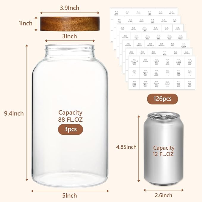 KEYWING 88oz Glass Jars w/Acacia Lids for Flour & Sugar Storage Containers | 3Pcs Large Airtight Food Storage Containers , Pantry Organizers for Rice, Pasta, Cereal, Cookies –88 fl.oz with 126 Labels