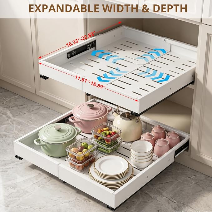 DOMNIU 2 Pack Pull Out Cabinet Organizers Width(12"-19"), Depth(17"-23") | Slide Out Drawers, Upgrade 3 Slide Rails Sliding Drawer for Kitchen Cabinet Organizer, White