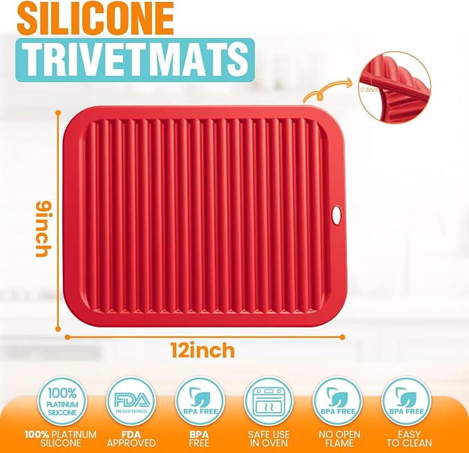 Silicone Trivets for Hot Pots and Pans - 2 Heat Resistant Pot Holders Silicone Trivet Mat Multipurpose Counter Pads (Red)