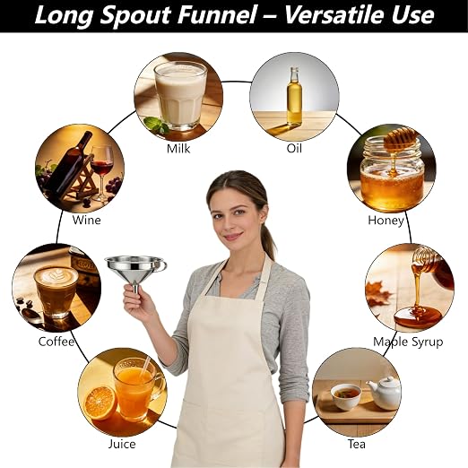 Stainless Steel 2 Pack Funnel Set Long Spout Funnel for Narrow Neck Bottles (Oil, Sauce) Wide Mouth Funnel for Mason Jars, Canning with 200μm Fine Mesh Strainer & Removable Filters (Large Set)
