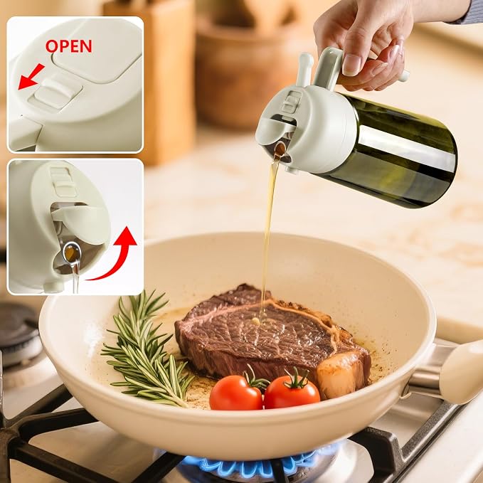 SWEET VIEW Olive Oil Dispenser and Oil Sprayer 16oz/470ml | Glass Light-Proof Oil Pourer for Kitchen with Stickers for Air Fryer, Cooking, Salad, and BBQ