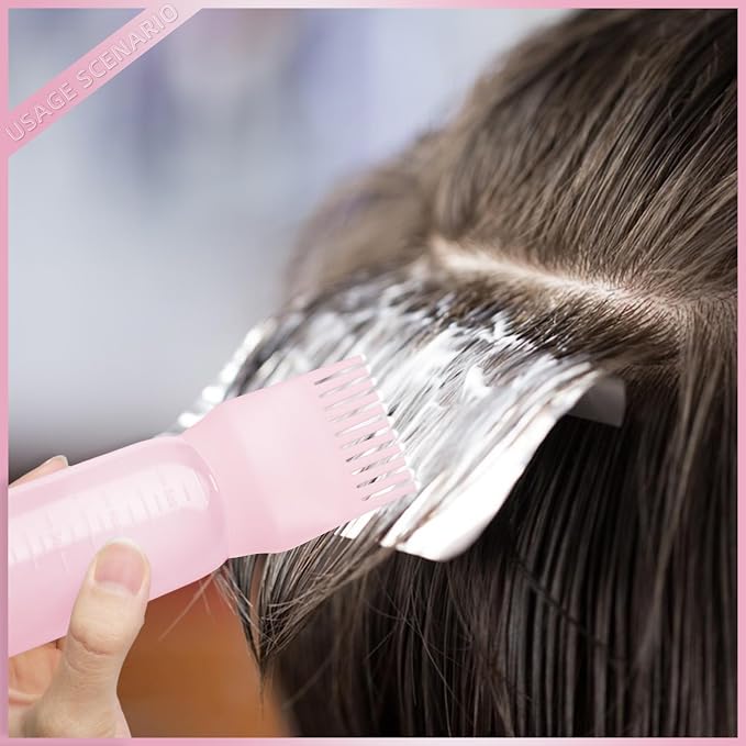 Root Comb Applicator Bottle 6 Ounce, 4 Pack Hair Oil Applicator with Root Comb Brush for Scalp Hair Oiling - Pink