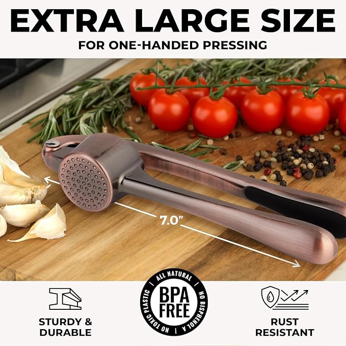 Zulay Kitchen Large Premium Garlic Press Set - Bigger Bowl for Bigger Garlic - Rust Proof Garlic Mincer Tool - Easy-Squeeze, Easy-Clean Silicone Garlic Peeler & Brush (Copper)