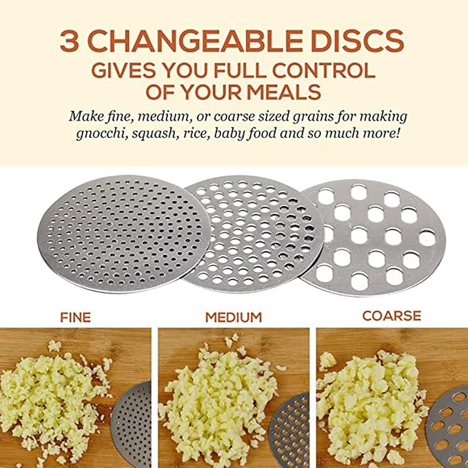 Premium Stainless Steel Potato Ricer Set with 3 Ricing Discs (Fine, Medium, Coarse) - Manual Masher, Baby Food Strainer, and Food Press with Ergonomic Comfort Grip. Dishwasher Safe