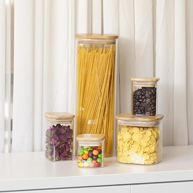 SHOWIN Glass Pasta Storage Jars Square 73oz, 3 Pack Glass Jars With Bamboo Lids, Tall Kitchen Storage Containers For Pasta, Storage For Pantry Organizers