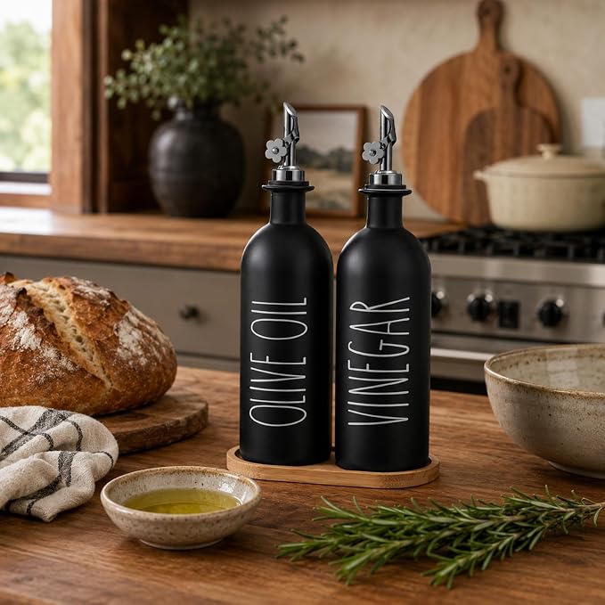HOMCDALY 16oz Olive Oil Dispenser Bottles for Kitchen, Glass Black Oil&Vinegar Dispenser Set, Kitchen Olive Oil Bottles with Bamboo Tray| Set of 2 (16oz-P-Black)