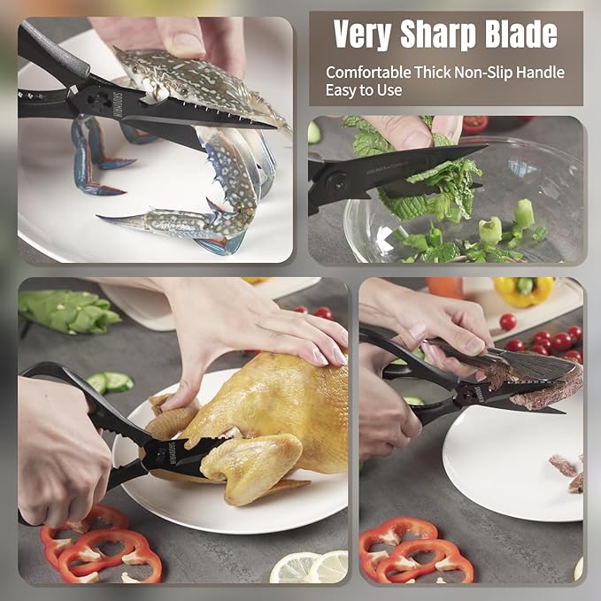 Kitchen Scissors All Purpose, Extra Sharp Kitchen Shears with Knife Sharpener & Sheath, Solid & Durable Stainless Steel Scissors with ANTI-RUST Black Titanium Plated, Dishwasher Safe - Brown