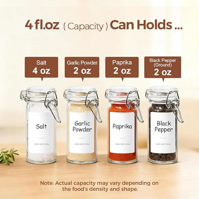 ComSaf Small Glass Spice Jars with Airtight Lids 4 oz 12 Pack with Labels | Seasoning herbs powders, Salt pepper chili, Spice rack cabinet organization, Small size, Funnel included, DIY crafts gifts